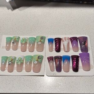 Lot of 2 Handmade Green Purple French Glitter Press on Nails Duck Nails Size S